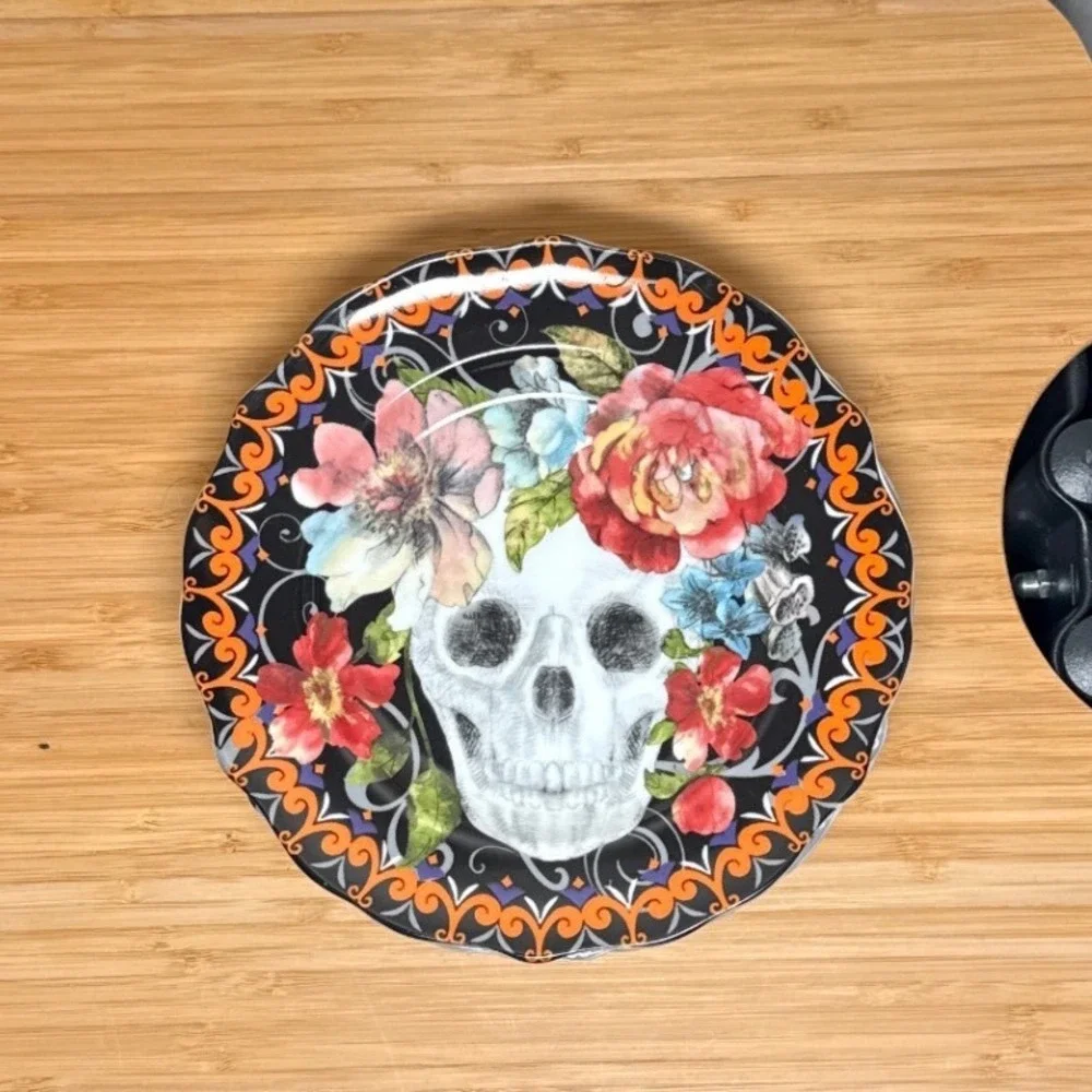 222 Fifth Marbella Skull Plates Set of 4 Multicolor Floral Halloween Gothic